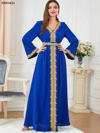 Ethnic Clothing Turkey Abayas For Women V-Neck Long Sleeve Lace Embroidery Maxi Dress With Belt Robe Islam Moroccan Kaftan Arabic Woman