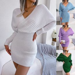 Designer Sweater Women Fall and Winter Fashion Solid Colour Long Sleeve Knit Loose Sweater Sexy Cross V-Neck Dress Wrap Hip Dress Sweater Dresses