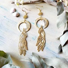 Dangle Earrings Witchy Hand Magic Hands Crystal Quartz Brass Crescent Moon And Sun Bohemia