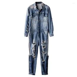 Men's Tracksuits High Street Denim Jumpsuit Streetwear Hole Ripped Jeans Overalls Hip Hop Cargo Freight Trousers Male