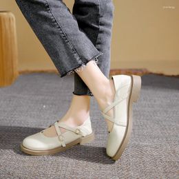 Dress Shoes Round Toe Small Leather Women's French Retro British Style Cross Buckle Flat Bottom Mary Jane Women