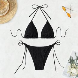 Women's Swimwear Black Mini 2-piece Swimsuit Women 2023 Low Waist Thong Bikini Triangle-cup Halter Lace-up Backless Bathing Suit Beach