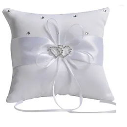 Party Decoration White Double Heart Rhinestone Ring Pillow With Satin Ribbon Bearer Cushion 10 10cm Wedding Supplies