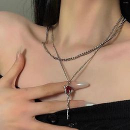Pendant Necklaces Double Layer Red Zircon Rose Necklace Y2K Layered Flower Stone Chain Irregular Floral Aesthetic Vintage Choker