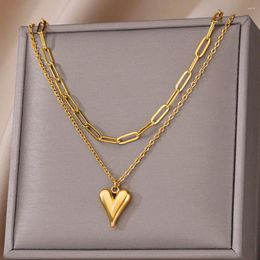 Pendant Necklaces Double Layers Heart For Women Gold Color Neck Chain Stainless Steel Necklace Jewelry Female Gift
