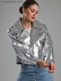 Women's Leather Faux Leather RR2767 Silver Oversized Fake Leather Jackets Women Loose Autumn Winter Coats Women PU Leather Streetwear Motorcycle Jacket T231030