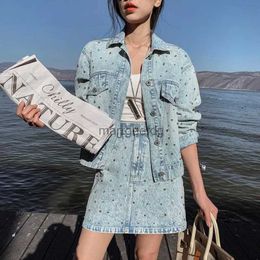 Basic Casual Dresses Women Rainbow Beaded Denim Coat Rhinestones Jeans Bomber Jacket Crystal Cardigan + High Waist A-Line Skirt 2pcs Set YQ231030