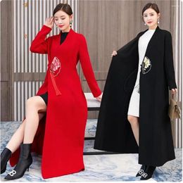 Women's Trench Coats Han Chinese Costume Tang Autumn Trenchcoat Winter Woolen Coat Long High-End Retro Embroidered