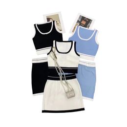 Women's o-neck logo embroidery knitted crop top vest and mini short skirt twinset 2 pc dress suit SML
