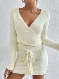 Work Dresses Wsevypo Women's Knit 2Pcs Suits Fall Winter Fuzzy Streetwear Outfits Long Sleeve V-Neck Wrap Crop Tops Tie-Up Bodycon Mini