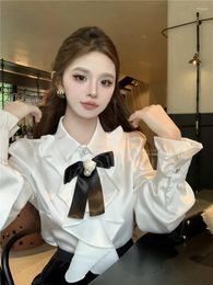 Women's Blouses Temperament White Satin Shirt Autumn Winter Bow French Ruffle Long Sleeve Shirts Top Blusas Mujer Blouse