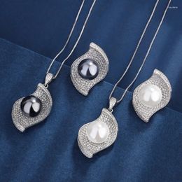 Necklace Earrings Set White Tahitian Pearl Fashion Geometry Leaf Pendant Adjustable Ring Women's Luxury Jewelry Banquet Party Accessories