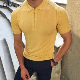 Men's Polos Vintage Slim Fit Knitted Polo Shirt Men Casual Breathable Knit Short Sleeve Zip-up Lapel Top Fashion Solid Colour Mens