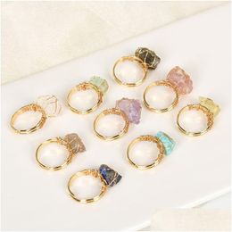 Cluster Rings Gold Wire Wrap Natural Stone Irregar Lapis Lazi Amethyst Rose Quartz Fluorite Adjustable Ring For Women Jewellery Drop Del Dhfcl