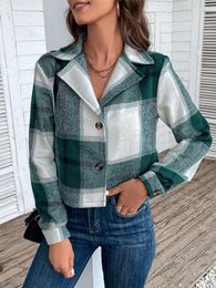 Women's Jackets Benuynffy Womens Casual Wool Blend Plaid Flannel Shackets Jacket Fall 2023 Vintage Notched Neck Button Up Cropped Shirt Coat