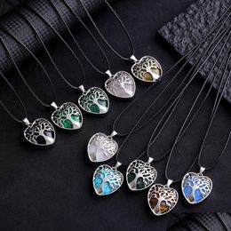 Charms Natural Stone Heart Tree Of Life Pendant Necklaces Opal Rose Quartz Tigers Eye Lapis Charm Necklace For Women Jewelry Dhgarden Dhtem