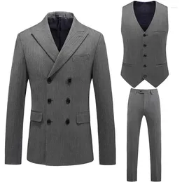 Men's Suits Solid Grey Double Breasted Suit Men 2023 Vip-Quality Formal Fashion Business Casual 3-pcs Wedding Dress