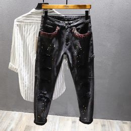 Men's Jeans Autumn And Winter Black Ripped Patch European American Personalised Speckled Ink Slim Fit Small Foot Long Pants