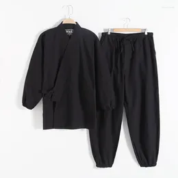 Ethnic Clothing Men's Spring And Autumn Thick Solid Colour Cotton Kimono Long Sleeve Set Yukata As A Service Garment With Sleeves Feet