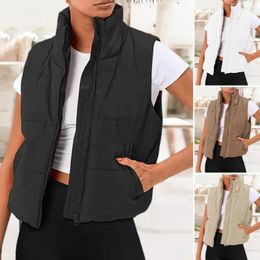 Women's Vests Women Autumn Winter Waistcoat Stand Collar Sleeveless Pockets Vest Jacket Zipper Placket Short Cotton Padded Puffer