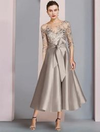 Mother Khaki A-line of the Bride Dress 2023 Wedding Guest Party Gowns Elegant Scoop Neck Tea Length Satin Lace Half Sleeve with Bow Robe De Soiree