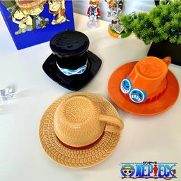 Mugs Anime Cosplay Mug Water Cup Creative Three Brothers Hat Shaped Coffee Luffy Ace Sabo Ceramic for Parties 231027