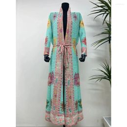 Women's Trench Coats Miyake Pleated Vintage Printed Turn-down Collar Long Sleeve Jacket Women 2023 Spring Summer Dubai Style Plus Size Coat