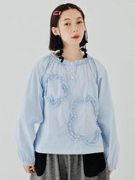 Women's Blouses IMAKOKONI Original Design Blue Long-sleeved Crew Neck Pullover Shirt Lace Stitching Stripes Summer Thin Model 224006
