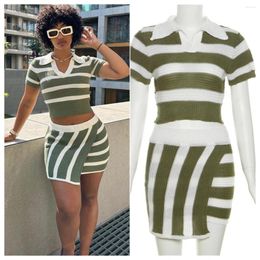 Work Dresses Women's Y2K Stripe Knit 2-Piece Skirt Sets Sexy Lapel Fashion Short Sleeve Top Summer Mini Low Waist Street Suit