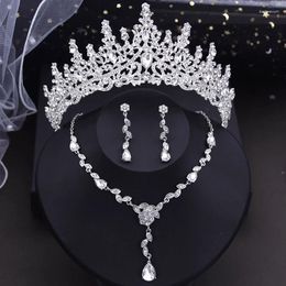 Necklace Earrings Set Silver Colour Crown Bridal Flower And Tiaras Wedding Dress Jewellery Costume Accessories