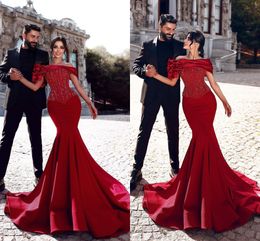 Elegant Said Mhamad Red Mermaid Evening Dresses For Women Bateau Neck Beaded Sequined Satin Formal Occasions Pageant Birthday Party Prom Celebrity Gowns