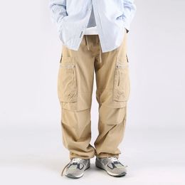 Cargo Pants Man Double Zipper Large Pockets Elastic Drawstring Waist Pleated Wide Leg Full Length Casual Outwear Trousers