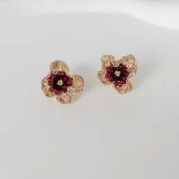 Stud Earrings Exquisite Flower For Women Zircon Cherry Pink Colour Charm Girl Personality Fine Jewellery Party Birthday Gift