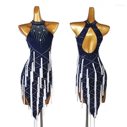 Stage Wear Navy Blue White Fringe Latin Competition Dress Rumba Cha Salsa S-XXXL 267