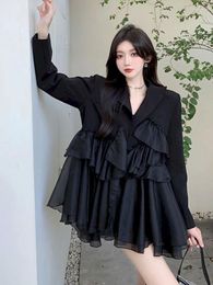Women's Suits UNXX Women Blazer Jacket Asymmetry Elegant Ladies Coat Ruffles Loose Long Irregular Black Autumn Outwear Clothing