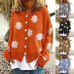 Women's Knits Tee Daisy Knitted Sweater Loose Oversize Autumn Winter Jumper Cardigan Thick Casual Warm Cropped Button Coat 231027