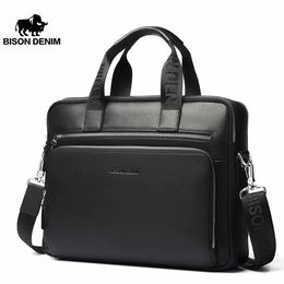 Briefcases BISON DENIM Men Bag Genuine Leather Work Briefcases 14" Laptop Bag Men's Business Crossbody Bag Messenger Shoulder Bag For Man 231030