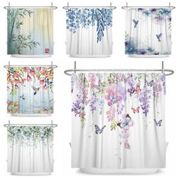 Shower Curtains Green Leaves Plant Flower Butterfly Shower Curtain Wild Animal Waterproof Fabric Bath Curtain Bathroom Accessorie Decor 231030