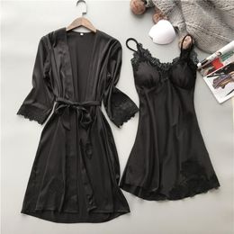 Womens Nightdress Sleepwear Sets For Women Sexy Lingerie Lace Silk Spandex Nightwear Casual Robe Dress Set On Ladies 2pcs Plus Siz280Q