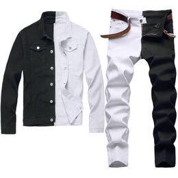 Fashion New Tracksuits Stitching Two Colour Men's Sets Autumn White and Black Denim Jacket Slim Stretch Jeans Two-piece-set 223I