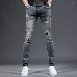 Men's Jeans Vintage Ripped Streetwear Slim Fit Denim Pants Casual Retro Blue Stretch Trousers CP2188