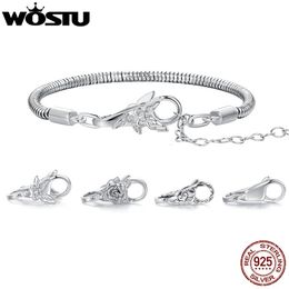 Chain WOSTU Real 925 Sterling Silver Basic Snake Bangle Bracelet Butterfly Flower Closure Buckle For DIY Charms Bead Jewelry Make Gift 231027