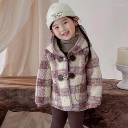 Jackets Girls' Winter Jacket 2023 Korean Style Children's Baby Woollen Hooded Coat Thickened Plaid Warm Parkas
