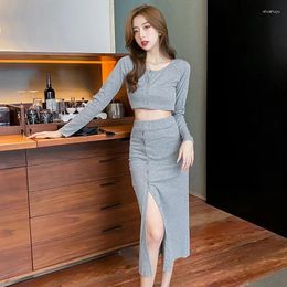 Work Dresses Spring Women's Skirt Set Sexy T Shirt Crop Top High Waist Split Midi Long Bodycon Two Piece Ourfit Y2K Korean Fashion