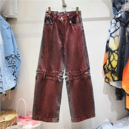 Women's Jeans 2023 Women Cargo Pants Red Wine Wide Leg Trousers Broken Holes Grunge Punk Painted Casual Empire Long Denim Capris