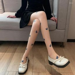 Women Socks Sexy Summer See-Through Ultra-Thin Silky Tights Japanese Lolita Seamless Stockings Blue Butterfly Print Girls Pantyhose