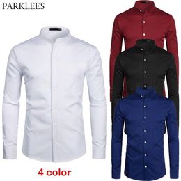 White Banded Collar Dress Shirt Men Slim Fit Long Sleeve Casual Button Down Shirts Mens Business Office Work Chemise Homme S-2XL 2242J
