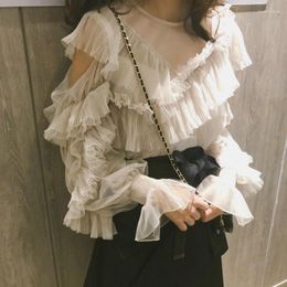 Women's Blouses Fairy Mesh Gauze Shirt Off Shoulder Retro Irregular Ruffled Chiffon Flare Sleeved Pleated Tops Blusas Mujer