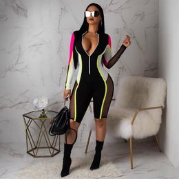 Women's Jumpsuits & Rompers AHVIT Contrast Colour Striped Sexy Playsuits Front Zipper Long Sleeve Skinny Romper Stand Collar K230Y