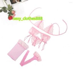 Bras Sets Sexy Pink Lingerie Set Temptation Lace Push Up Transparent Bra Erotic Women Underwear G-String Net Socks Sling